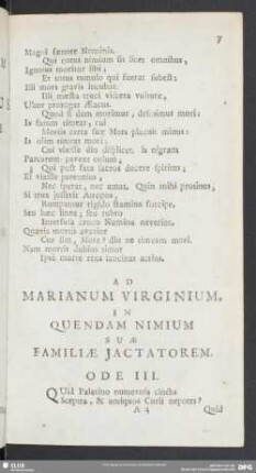 Ad Marianum Virginium. In Quendam Nimium Suae Familiae Jactatorem. Ode III.