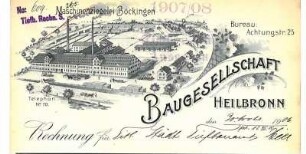 Rechnung der Baugesellschaft Heilbronn mit Firmenansicht Maschinenziegelei Böckingen [Ziegelwerke]