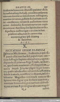 Oratio X. Recitationi Legum Praemissa