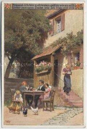 Postkarte mit Illustration zum Volkslied "Freund ich bin zufrieden..."