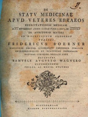 De statu medicinae apud veteres Ebraeos exercitationem medicam