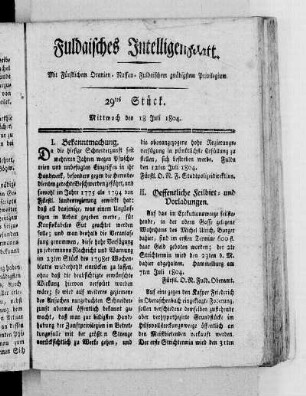 29tes Stück, Ausgabe vom 18. Juli 1804