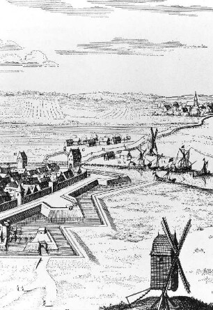 Anklam. Stadtansicht mit Bockwindmühle, 1652, Ausschnitt