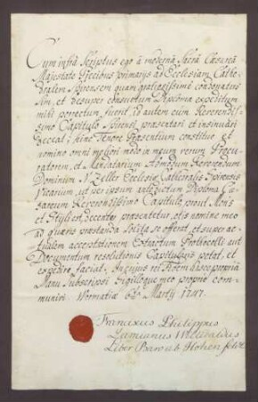 Procuratorium des Franz Philipp von Hohenfeld für den Vikar Zeller.