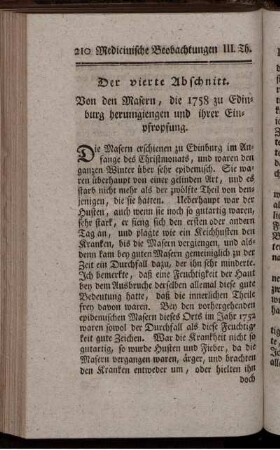 Der vierte Abschnitt. Von den Masern, die 1758 zu Edingburg herumgiengen und ihrer Einpfropfung.