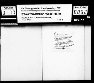 Fr. Candidus Stumpf, Kleriker zu Bronnbach (Brunnbach), verspricht den Satzungen und Regeln des hl. Benediktus Treue und Gehorsam.