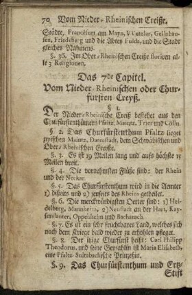 Das 7de Capitel. Vom Nieder-Rheinischen oder Churfürsten Creyß. - Das 8te Capitel. Vom Westphälischen Creyße.