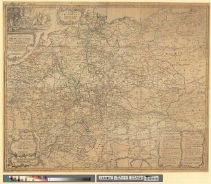Neue und vollstaendige Postkarte durch ganz Deutschland und durch die angränzenden Theile der benachbarten Länder : mit Allergnädigsten Kaÿserlichen Privilegio ; [gewidmet] Carl Anselm Fürsten von Thurn und Taxis = Nouvelle Carte Geographique des Postes D'Allemagne et des Provinces limitrophes