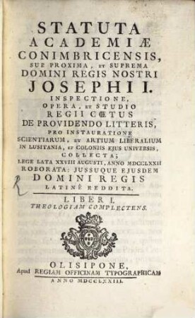 Statuta Academiae Conimbricensis, 1. Liber ... Theologiam Complectens
