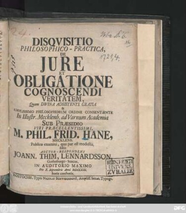 Disqvisitio Philosophico-Practica, De Jure Et Obligatione Cognoscendi Veritatem