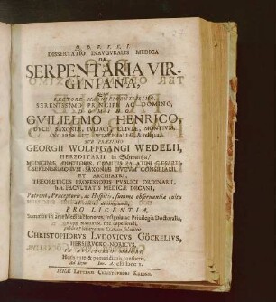 Dissertatio Inavgvralis Medica De Serpentaria Virginiana