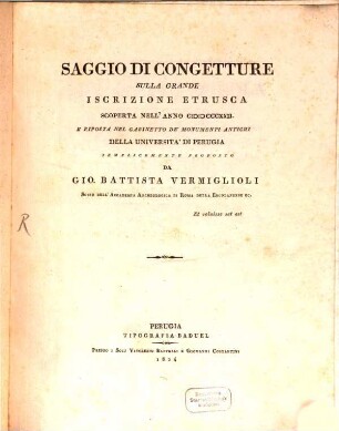 Saggio di Congetture sulla gran de Iscrizione Etrusca scoperta nell'anno 1822