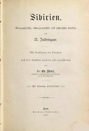 Sibirien : geograph., ethnograph. u. histor. Studien