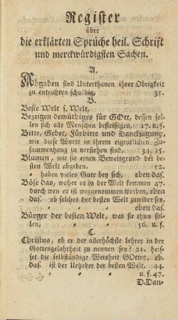 Register über die erklärten Sprüche heil. Schrift und merckwürdigsten Sachen
