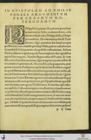Epistola Ad Philippenses cum Argumento