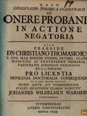 Dissertatio Juridica Inauguralis De Onere Probandi In Actione Negatoria