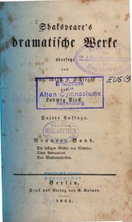 Shakspeare's dramatische Werke, 9. Die lustigen Weiber von Windsor. Titus Andronicus. Das Wintermärchen