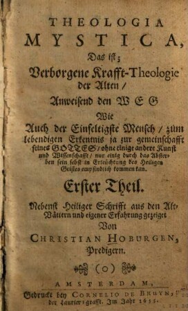 Theologia mystica, Das ist, Verborgene Krafft-Theologie der Alten .... 1