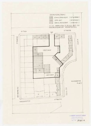 Sanierung Kreuzberg, Berlin Untersuchungen und Planungen von Werner March: Mappe Kreuzberg. Block 65, Lageplan, Erhaltungswerte und geplante Bausubstanz, 1:10000