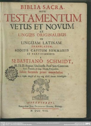 Biblia Sacra, Sive Testamentum Vetus Et Novum : Ex Linguis Originalibus In Linguam Latinam Translatum, Additis Capitum Summariis Et Partitionibus