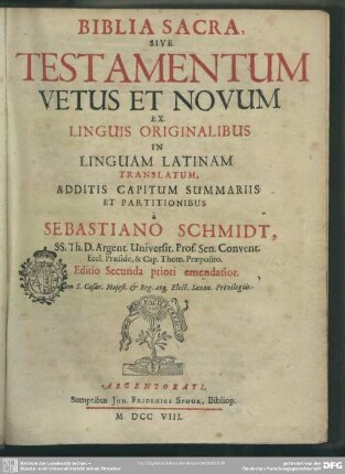 Biblia Sacra, Sive Testamentum Vetus Et Novum : Ex Linguis Originalibus In Linguam Latinam Translatum, Additis Capitum Summariis Et Partitionibus