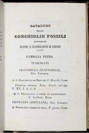 Catalogo delle Conchiglie Fossili Distributio Secondo La Classificazione Di Lamarck