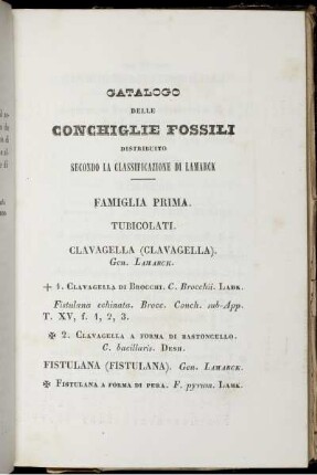 Catalogo delle Conchiglie Fossili Distributio Secondo La Classificazione Di Lamarck