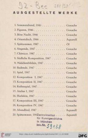 Ausgestellte Werke (Nr.1-20)