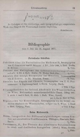 Bibliographie vom 1. Juli bis 31. August 1871.