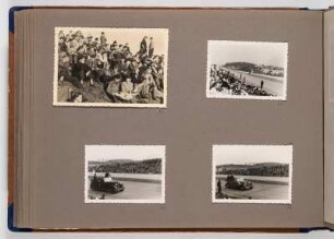 Albumseite mit Fotos von einem Autorennen : Fotoalbum zum Rennsport in der DDR ab 1951. Kartoneinband mit Kordelbindung; 24,5 x 35 x 2 cm (1951). Dresden: SLUB/DF 2017.D.39