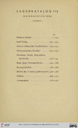 Lagerkatalog 112. Weihnachten 1936 [Inhaltsverzeichnis]