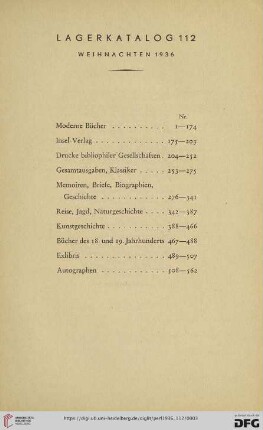 Lagerkatalog 112. Weihnachten 1936 [Inhaltsverzeichnis]