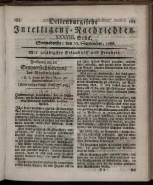 XXXVIII. Stück. Sonnabends: den 23. September, 1786.