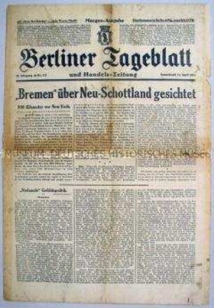 "Berliner Tageblatt" zum Atlantikflug des Flugzeuges "Bremen"