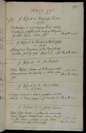 Ein Geschenck der Antiquarischen Societät in London. - Ein Geschenck der Societät der Wissenschaften in London. - Ein Geschenck des Hhrn Verfassers [William Marsden]. - Ein Geschenck des Hhrn Bergrath Gatterer in Heidelberg. - Ein Geschenck des Hhrn Hofrath Kaestner´s