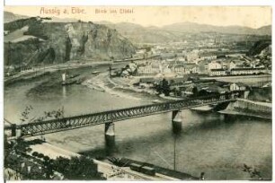 Aussig. Blick von der Ferdinandshöhe ins Elbtal mit Brücke und Marienberg