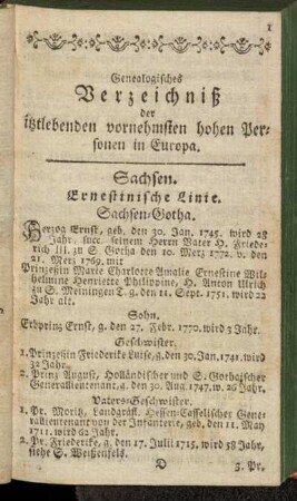 Genealogisches Verzeichniß der itztlebenden vornehmsten hohen Personen in Europa.