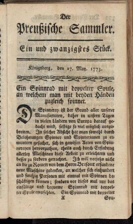 Ein und zwanzigstes Stück. Königsberg, den 27. May 1773.