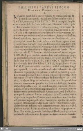 Philippus Pareus Linguae Romanae Candidatis S.