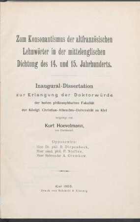 Zum Konsonantismus der altfranzösischen Lehnwörter in der mittelenglischen Dichtung des 14. und 15. Jahrhunderts