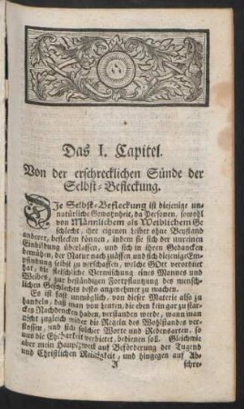 Das I. Capitel. Von der erschrecklichen Sünde der Selbst-Befleckung