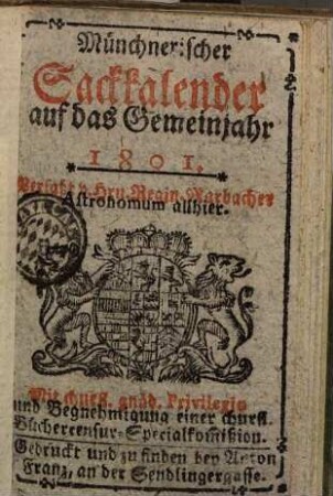 Münchnerischer Sackkalender : auf das Jahr .... 1801