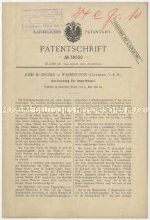 Patentschrift einer Gasfeuerung für Dampfkessel, Patent-Nr. 38030
