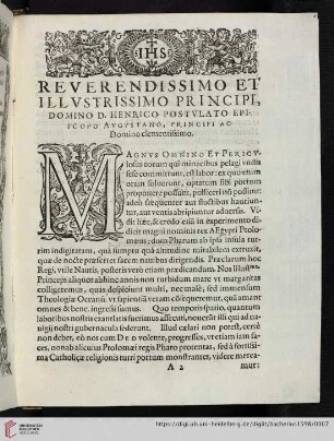 Reverendissimo et illvstrissimo Principi, Domino D. Henrico postvlato Episcopo Avgvstano, Principi ac Domino clementissimo
