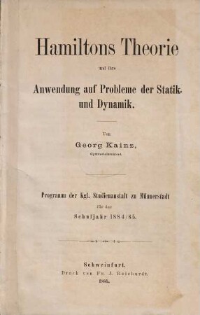 Hamiltons Theorie und ihre Anwendung auf Probleme der Statik und Dynamik
