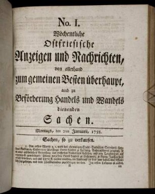 No. 1. Montags, den 2ten Januarii, 1758.