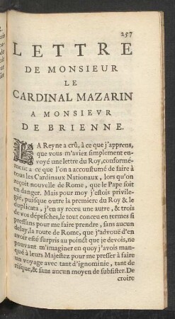Lettre De Monsieur Le Cardinal Mazarin A Monsieur De Brienne.