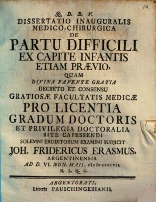 Diss. inaug. med. chir. de partu difficili ex capite infantis etiam praevio