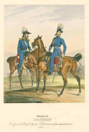 Adjutant der Division oder Brigade im Gespräch mit Hauptmann des Generalquartiermeisterstabs, beide in Uniform und zu Pferd, Uniformblätter nach der bayr. Armee von Dietrich Monten und Heinrich Ambros Eckert