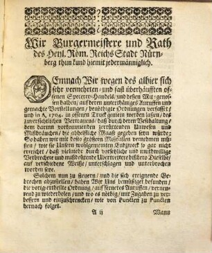 Nochmals Verneuerte Gesetz und Ordnung Eines Hoch Edlen und Hochweisen Raths, des Heiligen Reichs Stadt Nurnberg, vor Die offene Specerey-Händler, und was zu dero Handel gehörig
